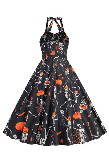 Halloween Preto Halter Abóbora Estampado 1950 Vestido